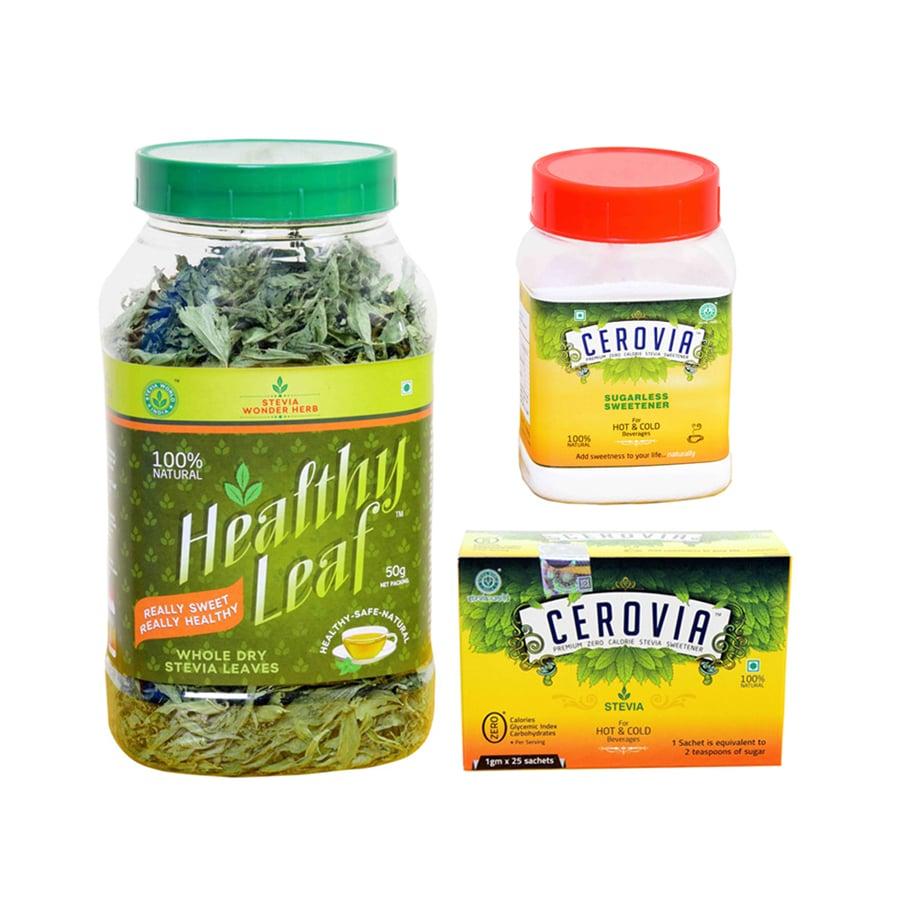 Cerovia Stevia Powder (100 G) + Cerovia Stevia Sachet (25 *  1 G) + Healthy Leaf-Dried Natural Stevia Leaf (50 G)